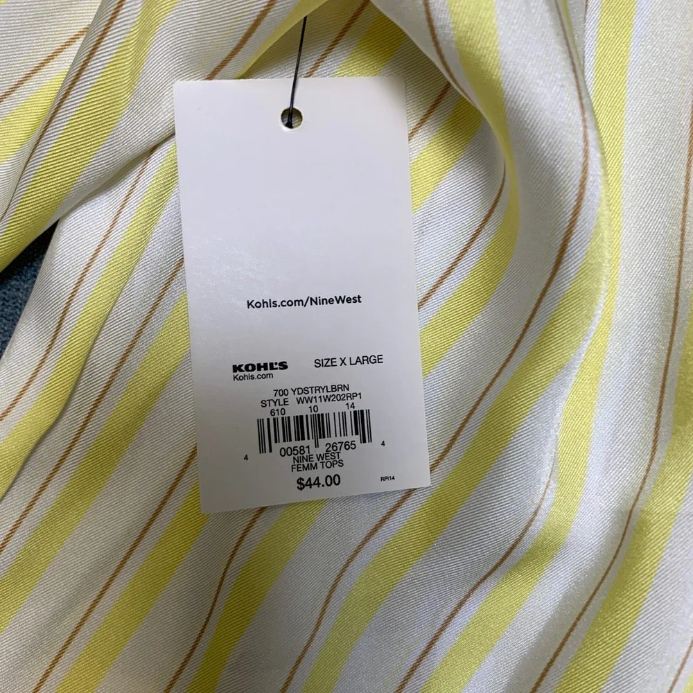 Nine West Shirred Tunic Top Womens XL Yellow White Striped V Neck Long Sleeve